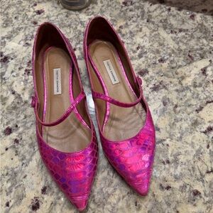 Tabitha Simmons Fuscia Pink Holographic Mary Jane Flats Sandals made in Italy